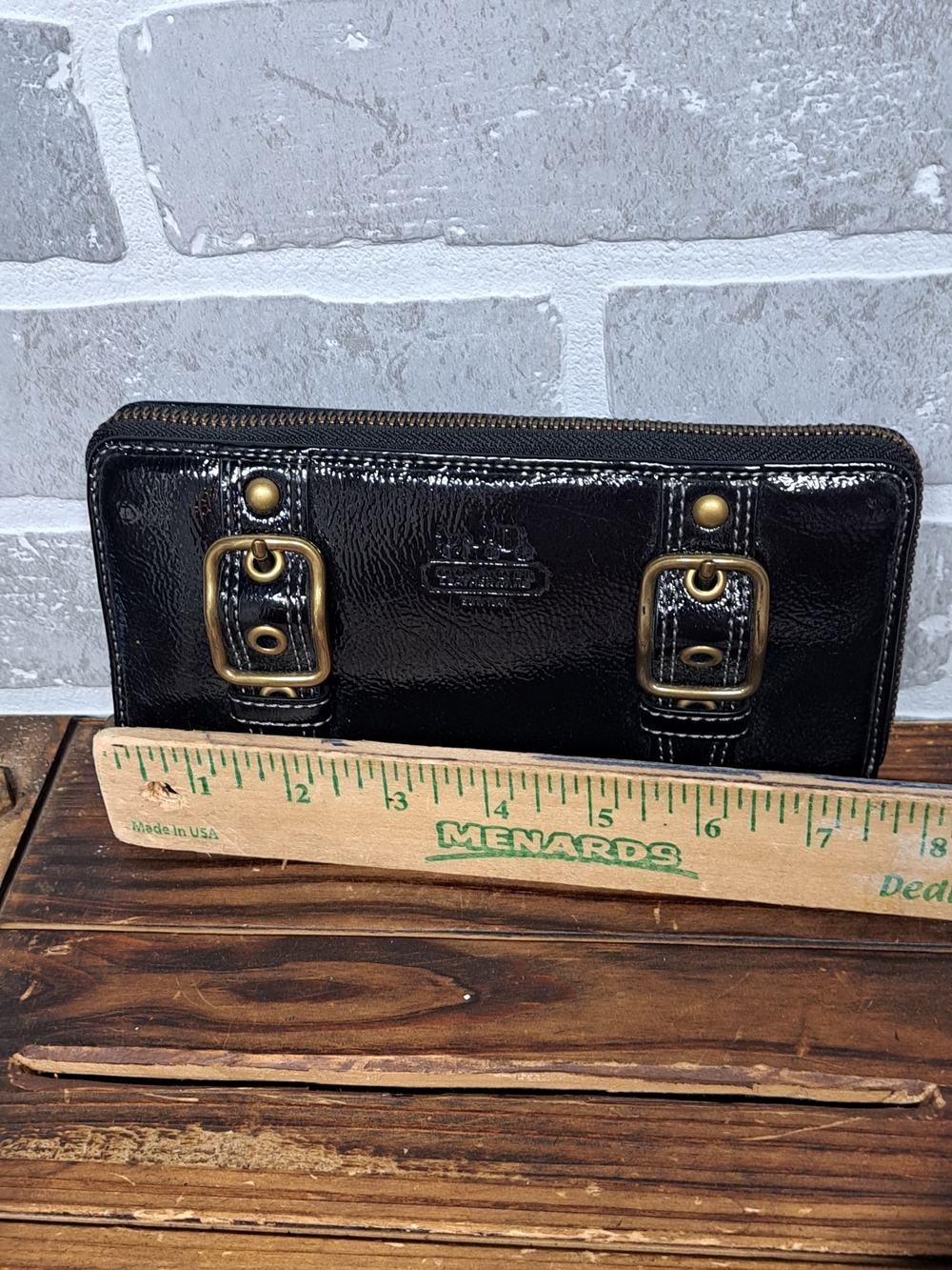 Coach Black Patent Leather Zip Wallet with Brass Buckle Accents - Picture 7 of 8